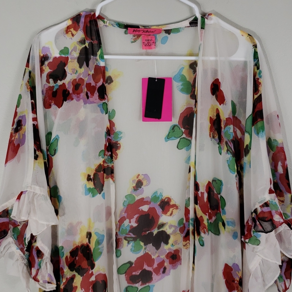 NWT Betsey Johnson OSFM White Floral Sheer Kimono - Picture 5 of 9